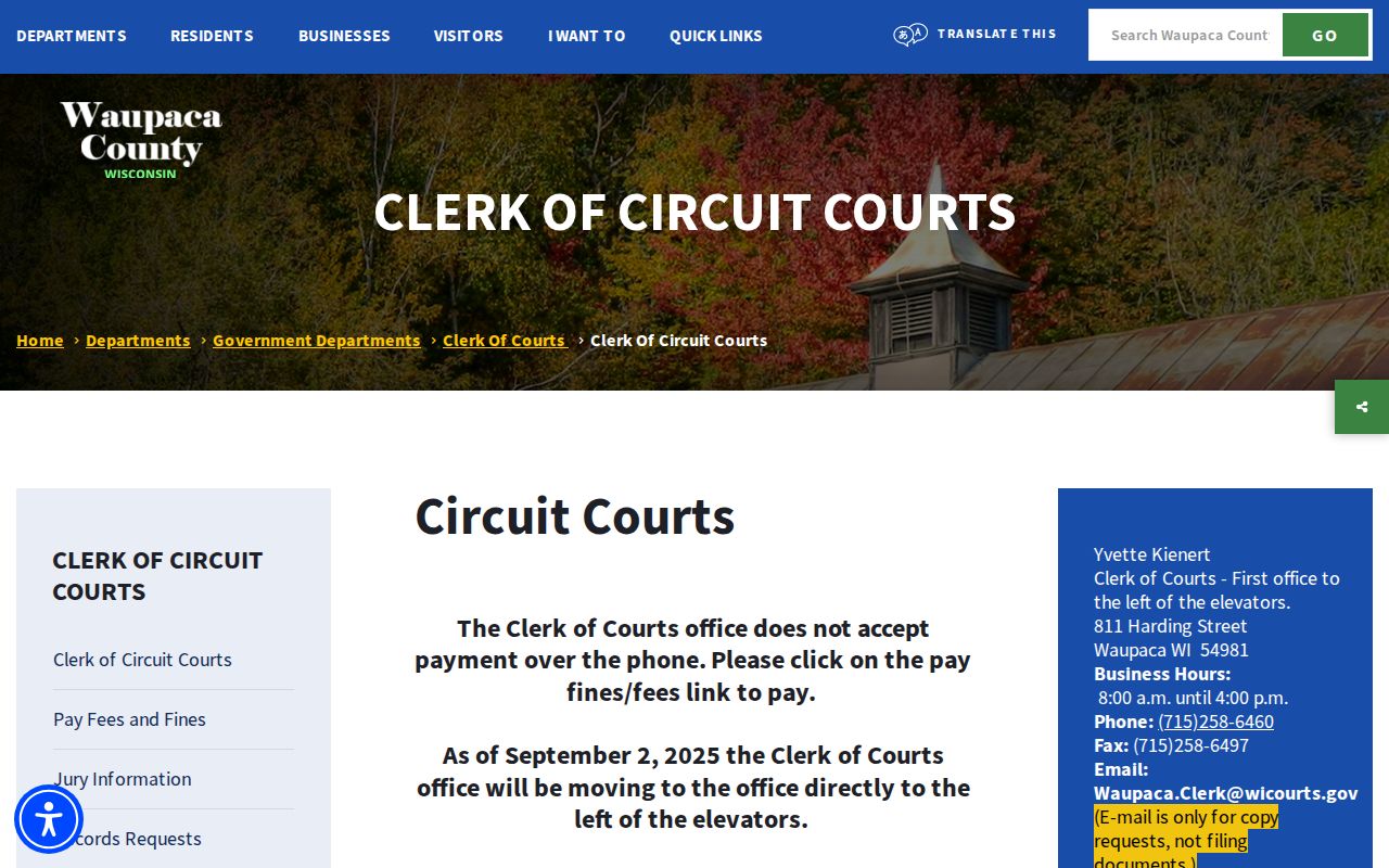 Waupaca County Clerk of Circuit Courts official office page
