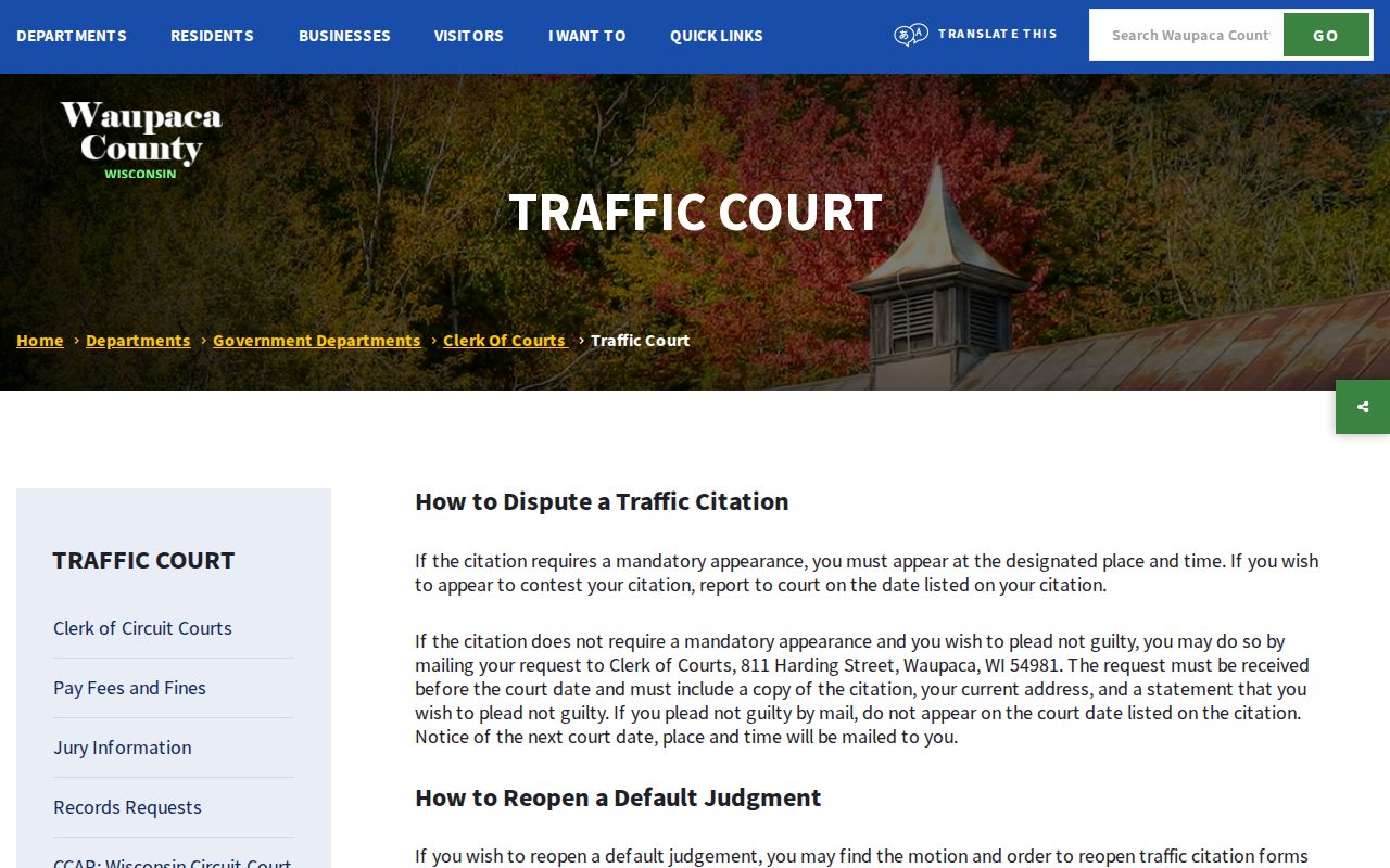 Waupaca County traffic ticket court instructions