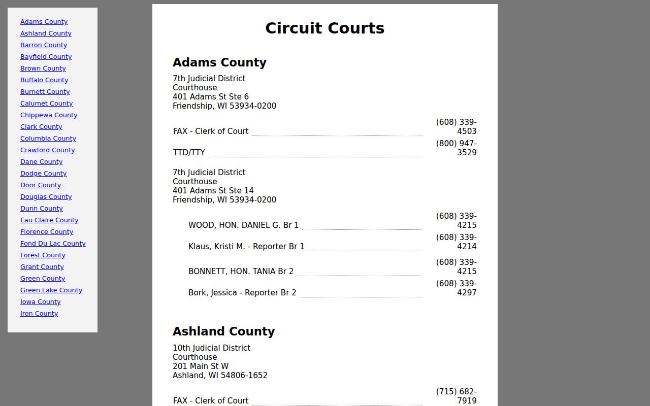 Wisconsin court directory showing Waupaca County Circuit Court branches