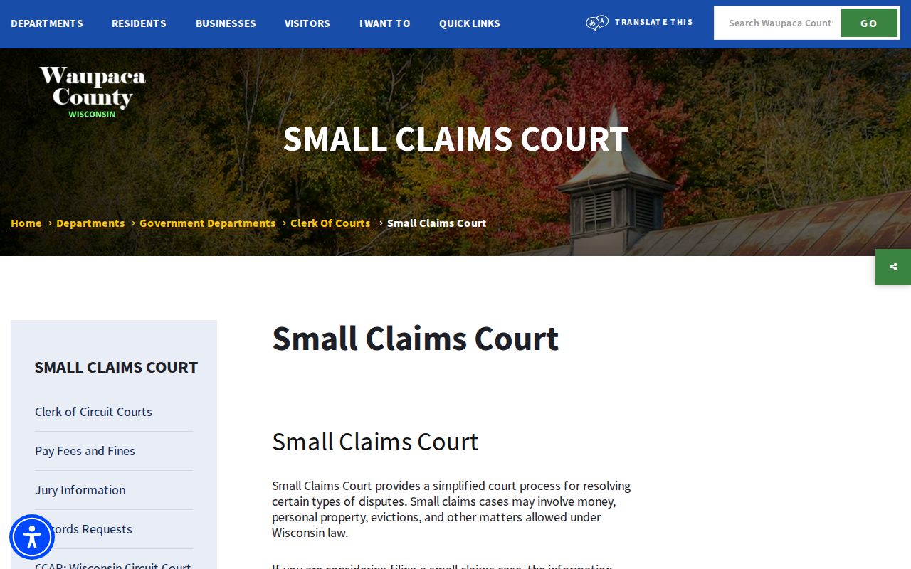 Waupaca County civil docket small claims hearing instructions